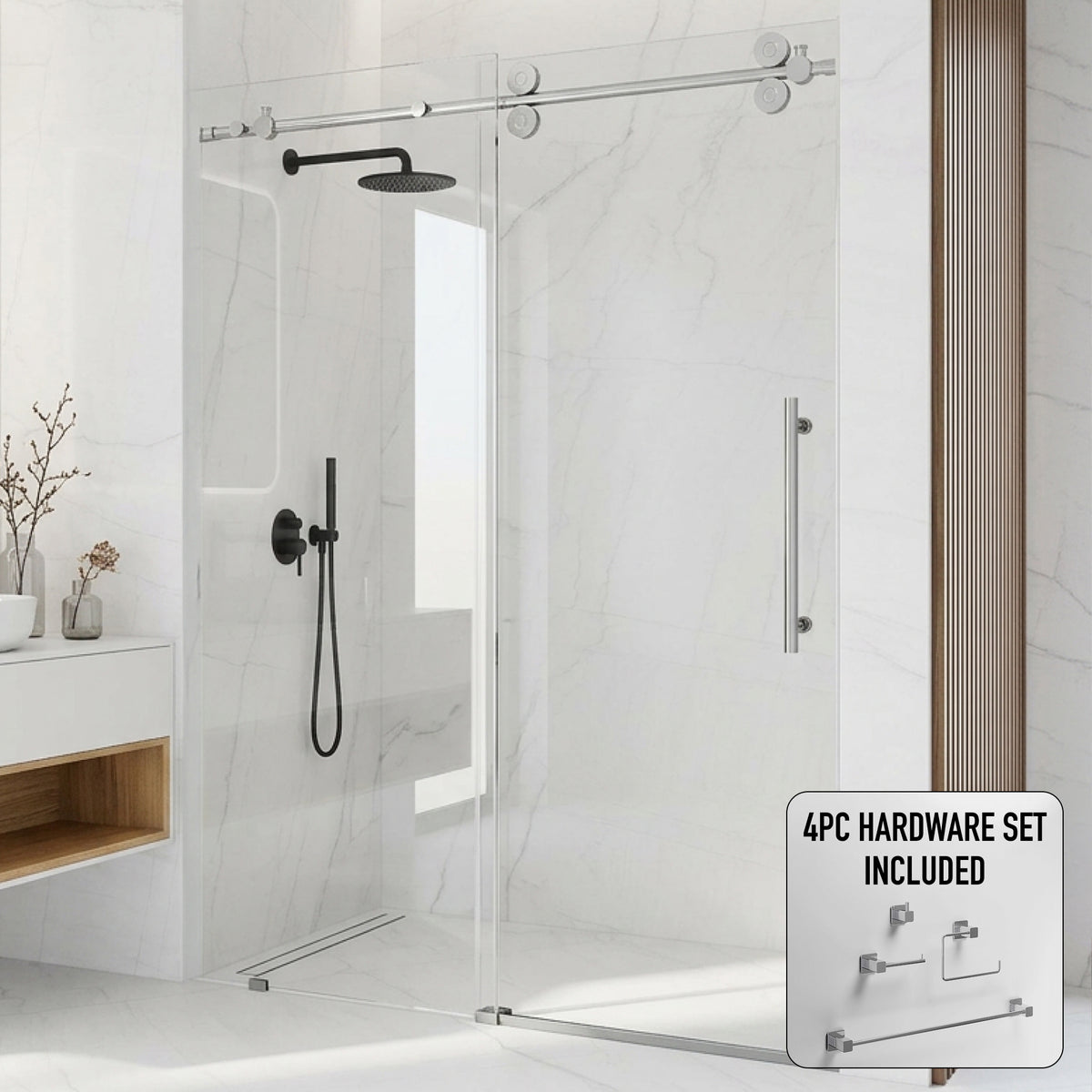 Elan 56 to 60 in. W x 74 in. H Frameless Sliding Shower Door and Meridian 4-Piece Bath Hardware Set in Chrome