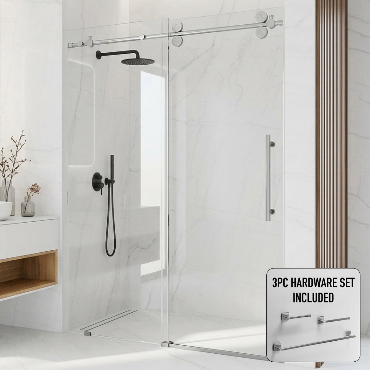 Elan 64 to 68 in. W x 74 in. H Frameless Sliding Shower Door and Satro 3-Piece Bath Hardware Set in Chrome