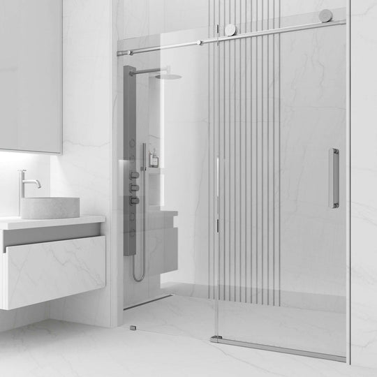Chrome frameless sliding shower door with tempered clear glass and VMotion technology