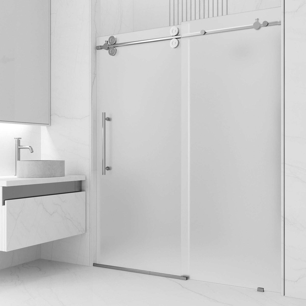 Chrome frameless sliding shower door with frosted glass, 56 to 60 in. width, left installation