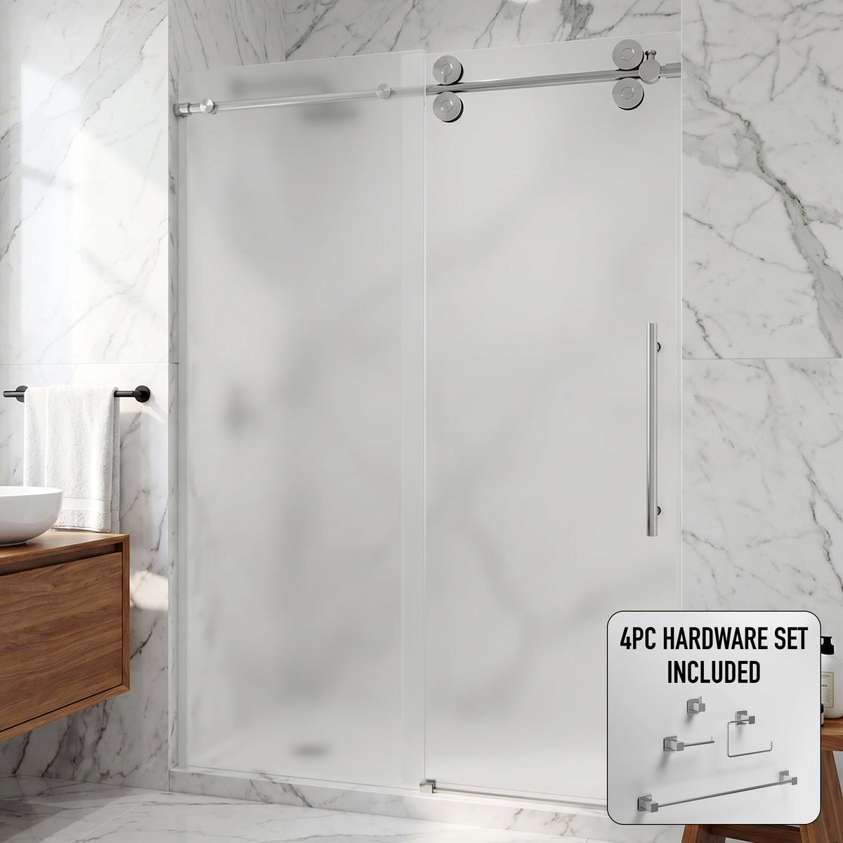 Elan 56 to 60 in. W x 74 in. H Frameless Sliding Shower Door and Meridian 4-Piece Bath Hardware Set in Chrome