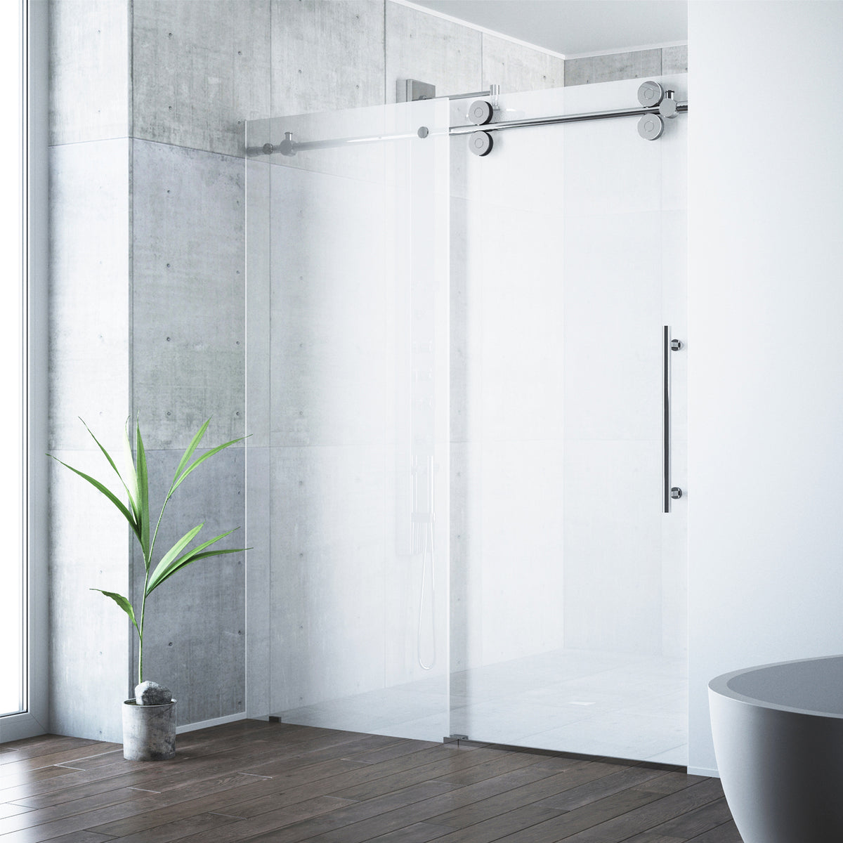 Elan 56 to 60 in. W x 74 in. H Frameless Sliding Shower Door and Meridian 4-Piece Bath Hardware Set in Chrome