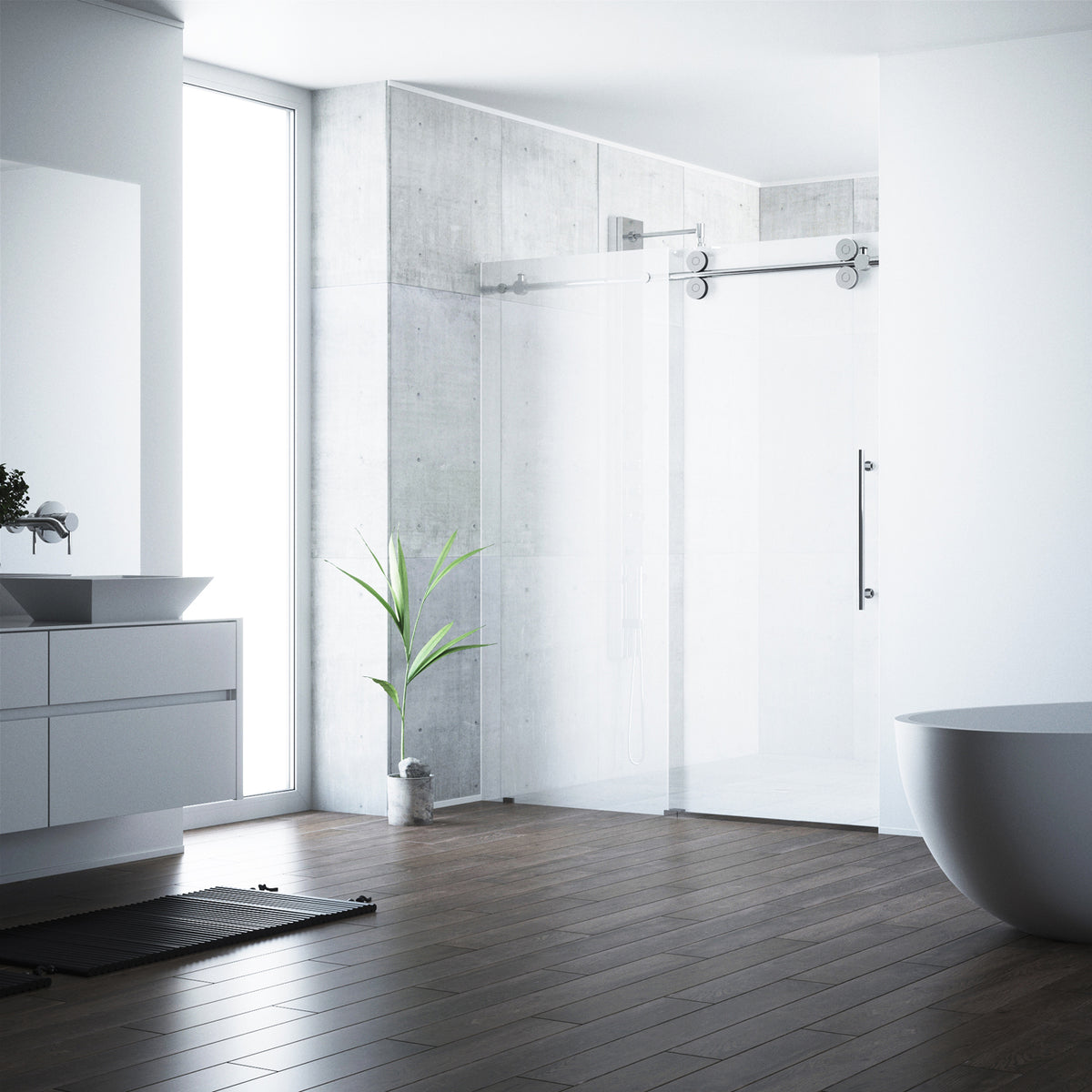 Elan 56 to 60 in. W x 74 in. H Frameless Sliding Shower Door and Meridian 4-Piece Bath Hardware Set in Chrome