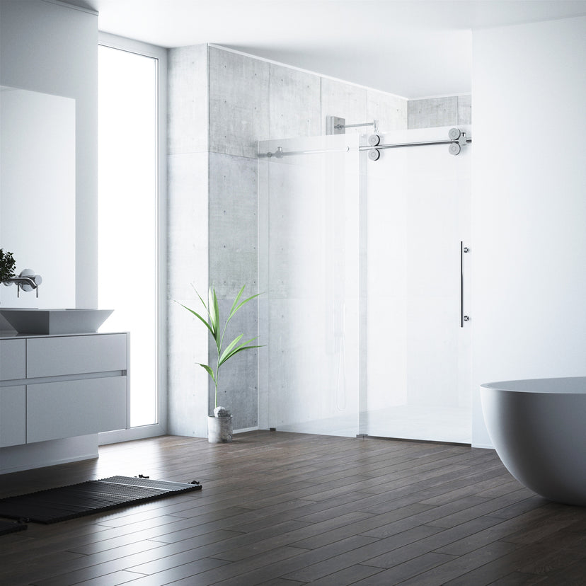 Elan 56 to 60 in. W x 74 in. H Frameless Sliding Shower Door and Meridian 4-Piece Bath Hardware Set in Chrome