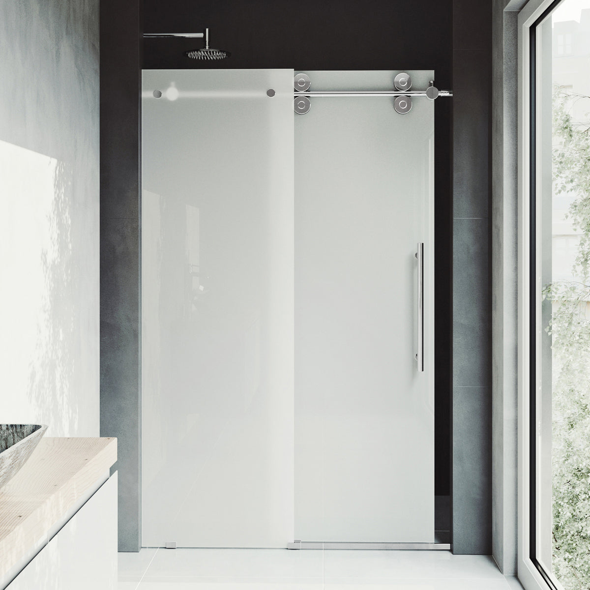 Elan 56 to 60 in. W x 74 in. H Frameless Sliding Shower Door and Meridian 4-Piece Bath Hardware Set in Chrome