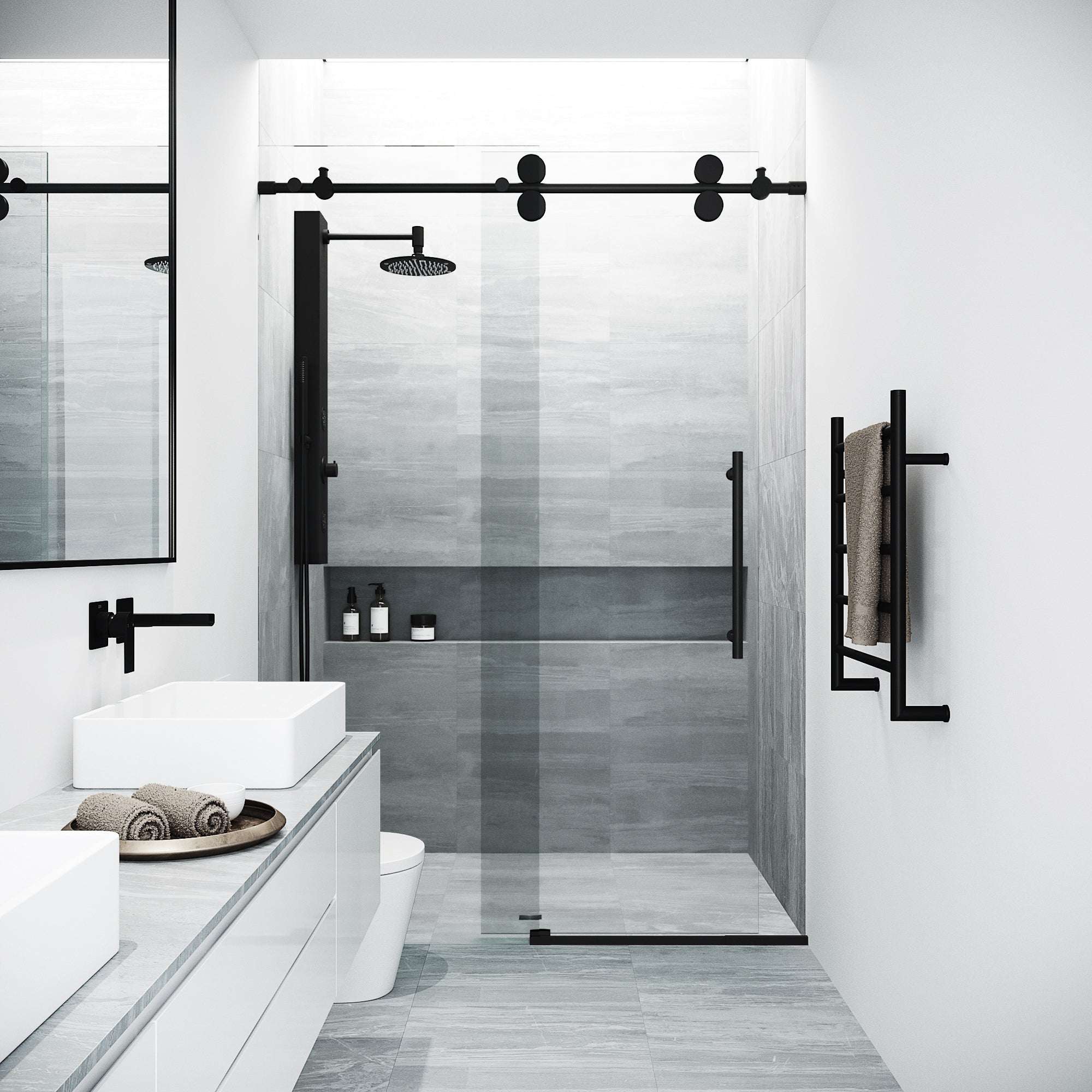 VIGO Elan frameless sliding shower door in matte black with clear tempered glass