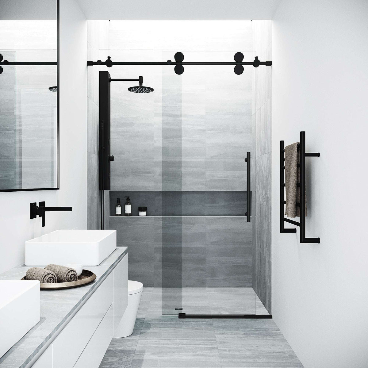 Modern frameless shower door with matte black hardware and cool touch exterior