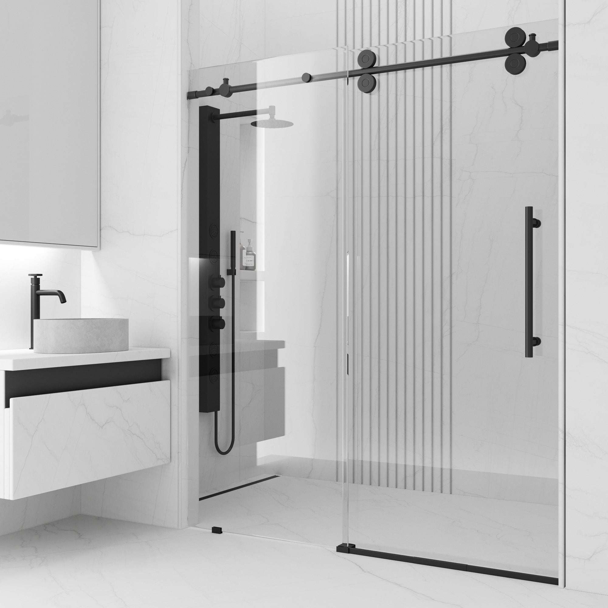 Elan Frameless Sliding Shower Door with frosted glass and stainless steel handle
