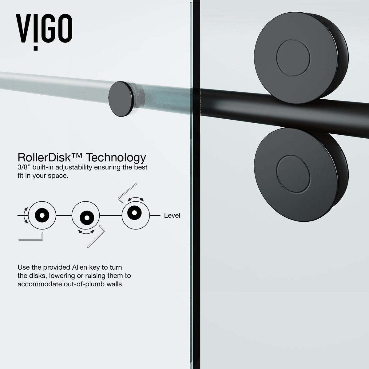 Matte black finish sliding shower door with tempered glass and roller disk technology