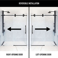 Reversible installation frameless shower door with matte black bar handle