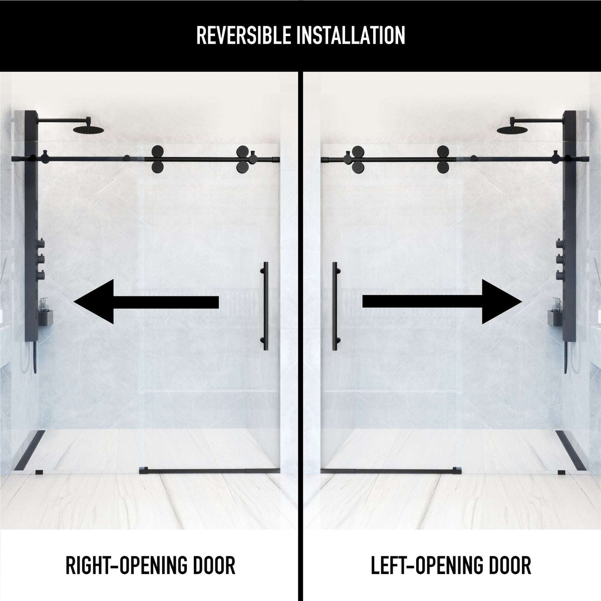 Reversible installation frameless shower door with matte black bar handle