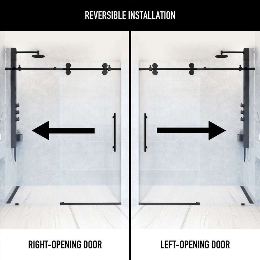 Reversible installation frameless shower door with matte black bar handle