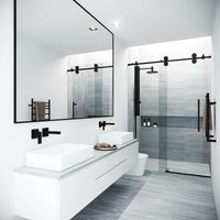Matte black frameless shower door with adjustable width 48 to 52 in. and exposed rollers