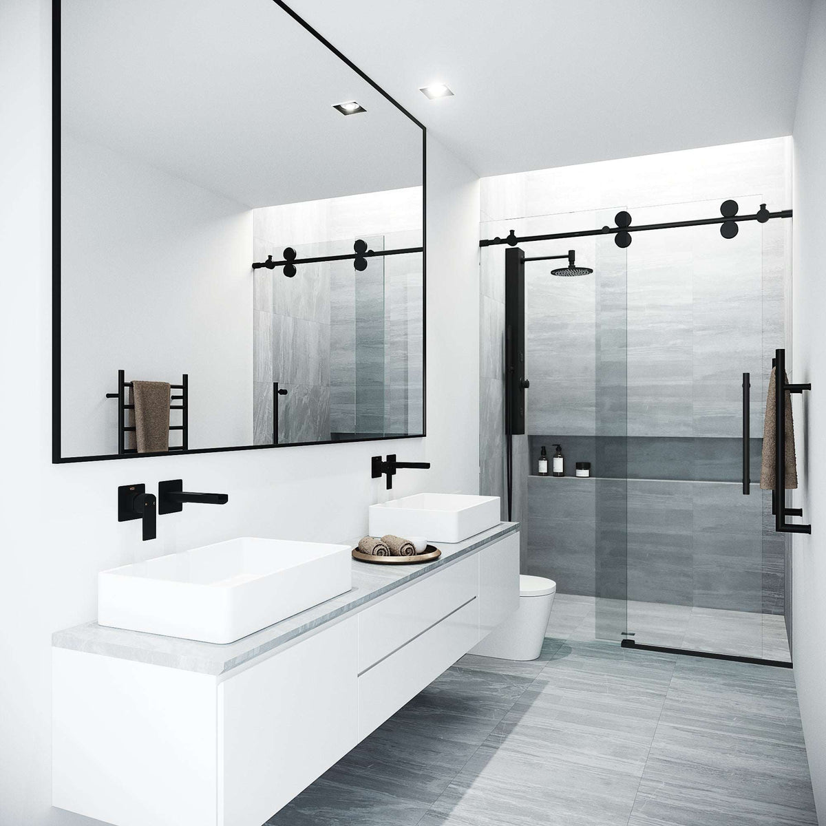 Matte black frameless shower door with adjustable width 48 to 52 in. and exposed rollers