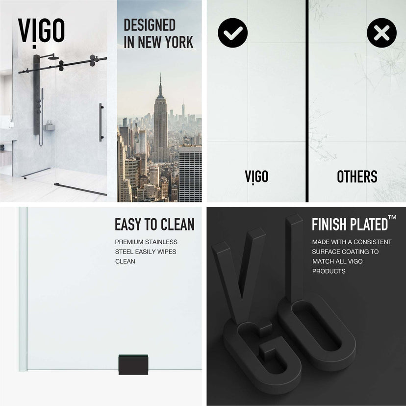Clear tempered glass sliding shower door with matte black finish and roller disk tech