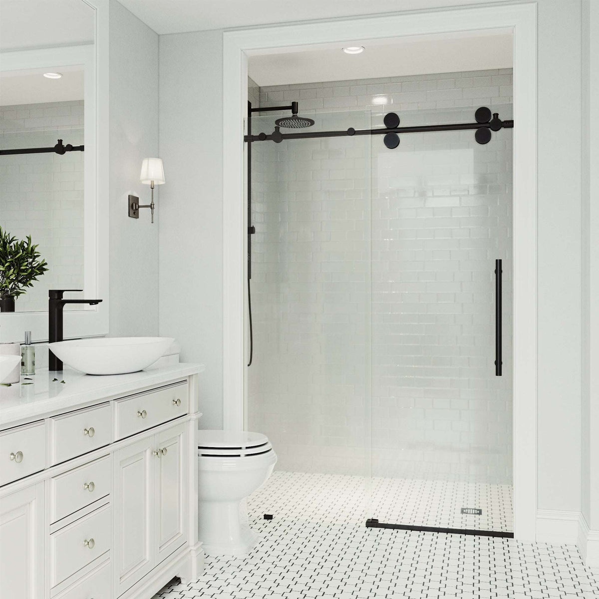 Sliding shower door with matte black hardware, clear glass, and reversible door installation
