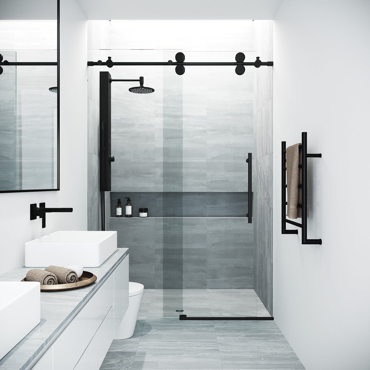 Elan 48-52 in. W x 74 in. H Frameless Sliding Shower Door in Matte Black with 3/8 in. (10mm) Clear Glass and Elan 24 in. Linear Shower Drain