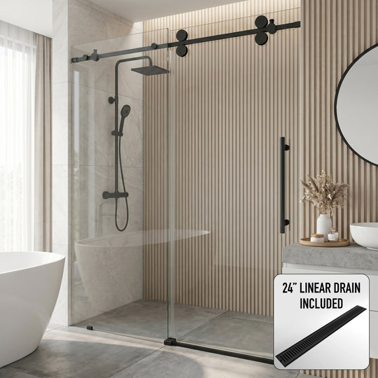 Elan 52-56 in. W x 74 in. H Frameless Sliding Shower Door in Matte Black with 3/8 in. (10mm) Clear Glass and Elan 24 in. Linear Shower Drain