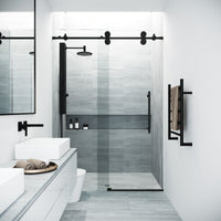 Elan 52-56 in. W x 74 in. H Frameless Sliding Shower Door in Matte Black with 3/8 in. (10mm) Clear Glass and Elan 24 in. Linear Shower Drain
