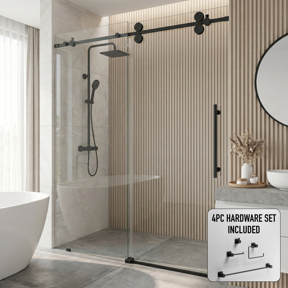 Elan 52 to 56 in. W x 74 in. H Frameless Sliding Shower Door and Meridian 4-Piece Bath Hardware Set in Matte Black