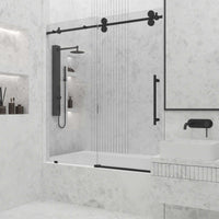 Modern sliding shower door with exposed rollers and cool touch design