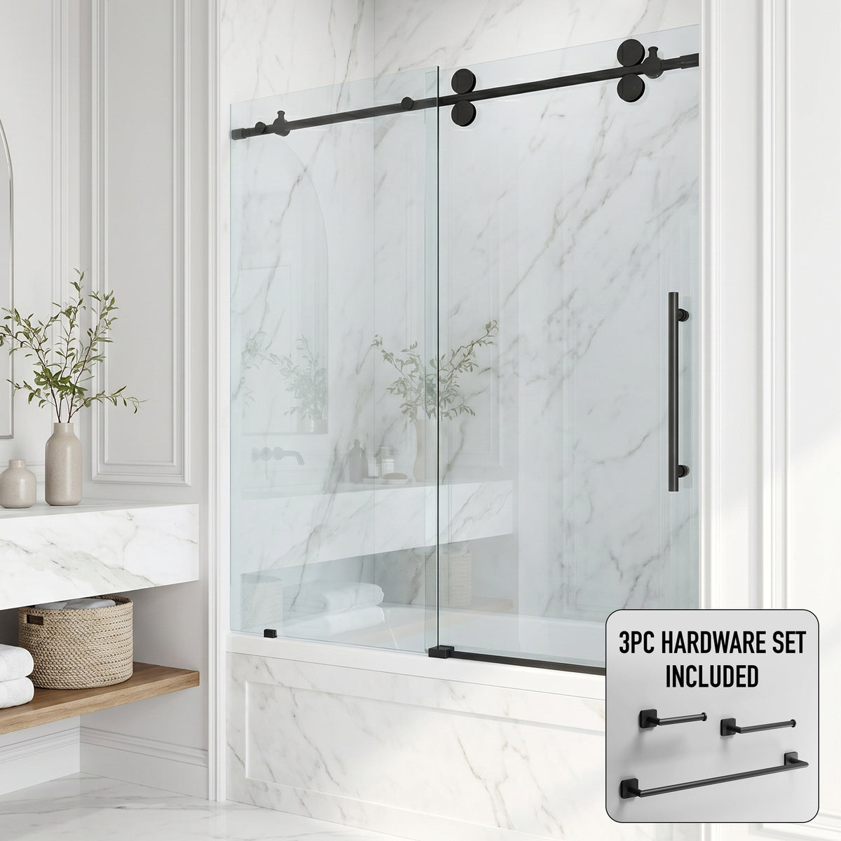 Elan 56-60 in. W x 66 in. H Frameless Sliding Tub Door in Matte Black with 3/8 in. (10mm) Clear Glass and Satro 3-Piece Bath Hardware Set