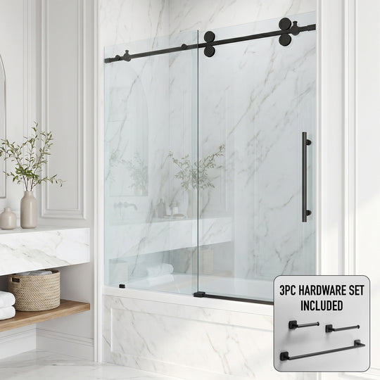 Elan 56-60 in. W x 66 in. H Frameless Sliding Tub Door in Matte Black with 3/8 in. (10mm) Clear Glass and Satro 3-Piece Bath Hardware Set