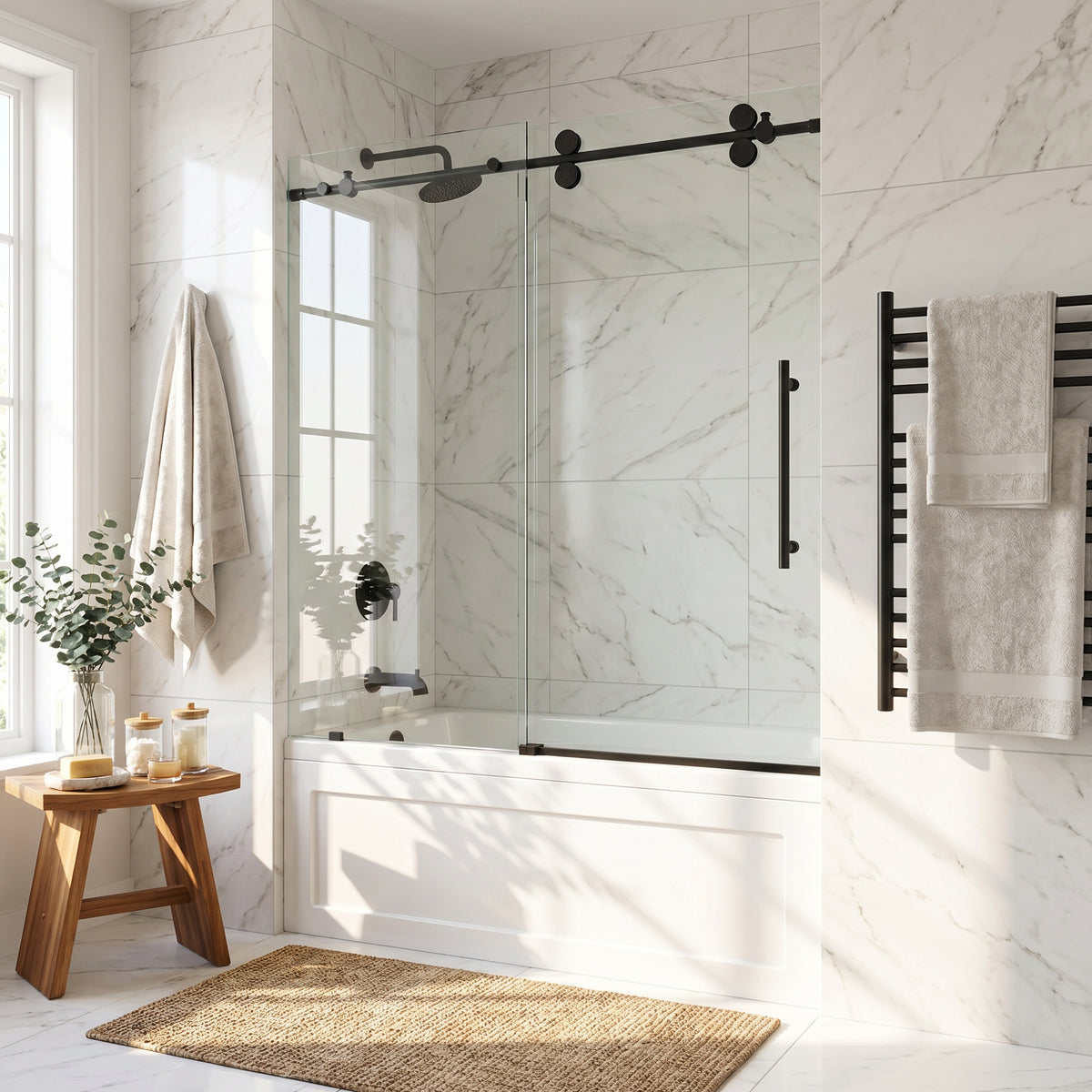 Elan 56 to 60 in. W x 66 in. H Frameless Sliding Tub Door and Meridian 4-Piece Bath Hardware Set in Matte Black