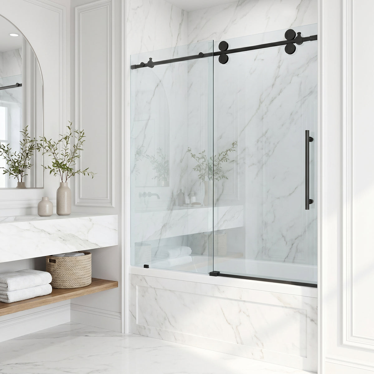 Elan 56 to 60 in. W x 66 in. H Frameless Sliding Tub Door and Meridian 4-Piece Bath Hardware Set in Matte Black