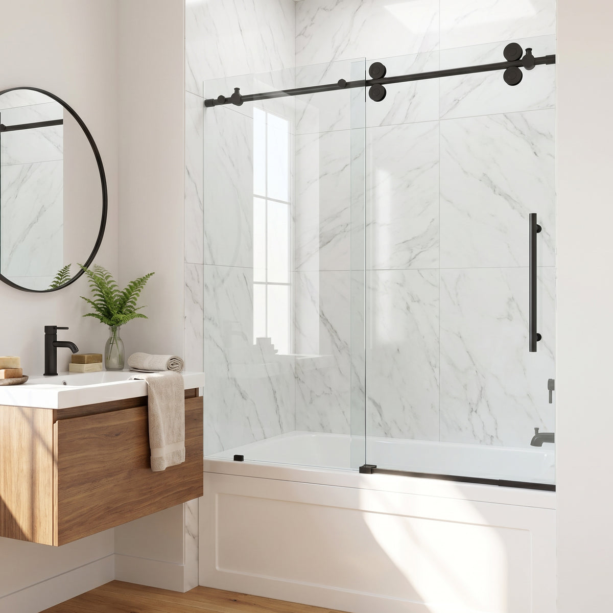 Elan 56-60 in. W x 66 in. H Frameless Sliding Tub Door in Matte Black with 3/8 in. (10mm) Clear Glass and Cass 3-Piece Bath Hardware Set