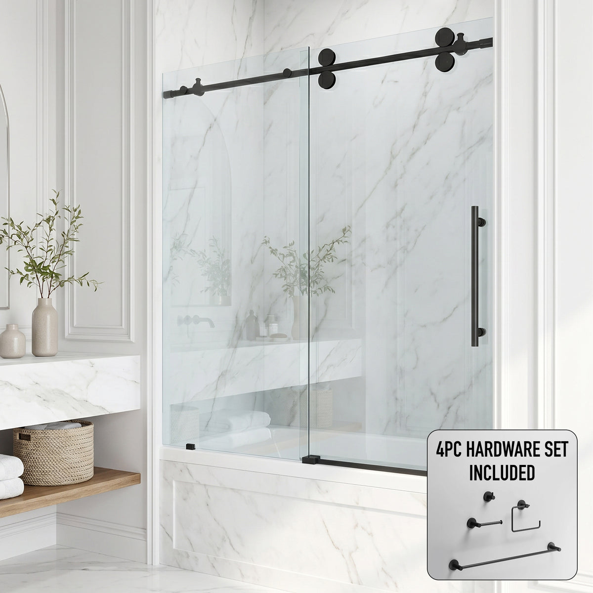 Elan 56-60 in. W x 66 in. H Frameless Sliding Tub Door in Matte Black with 3/8 in. (10mm) Clear Glass and Cass 4-Piece Bath Hardware Set