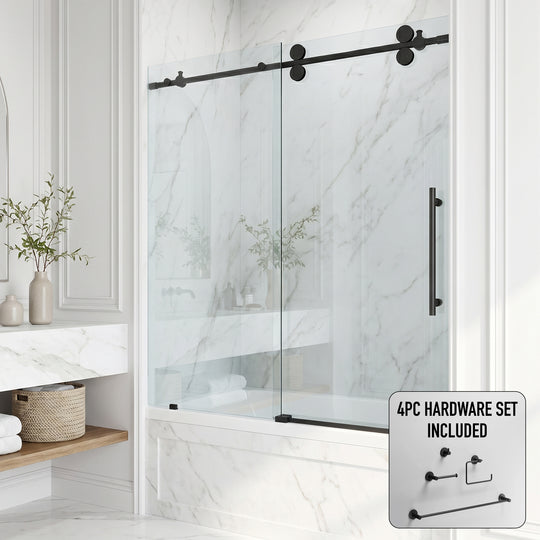 Elan 56-60 in. W x 66 in. H Frameless Sliding Tub Door in Matte Black with 3/8 in. (10mm) Clear Glass and Cass 4-Piece Bath Hardware Set