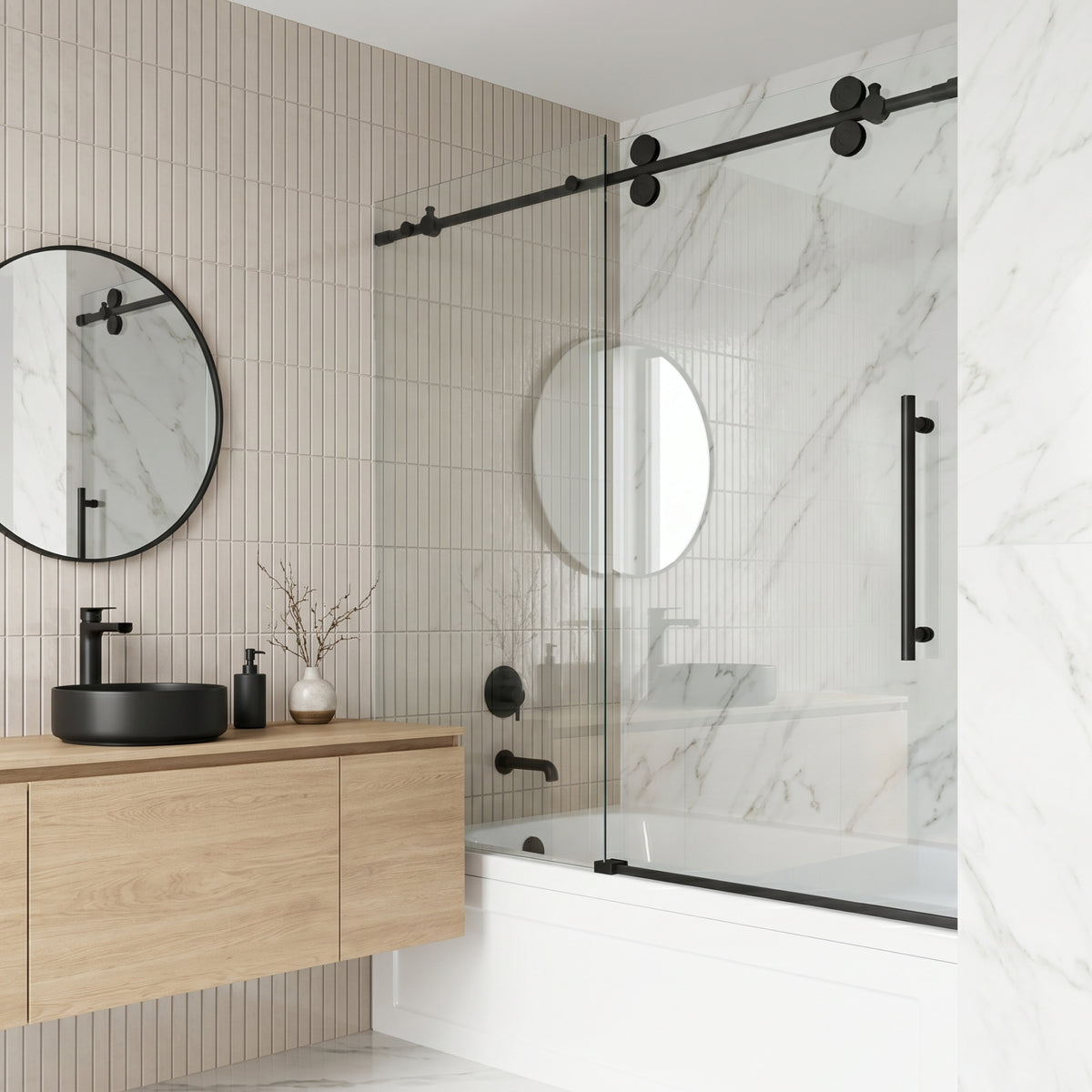 Elan 56-60 in. W x 66 in. H Frameless Sliding Tub Door in Matte Black with 3/8 in. (10mm) Clear Glass and Cass 4-Piece Bath Hardware Set
