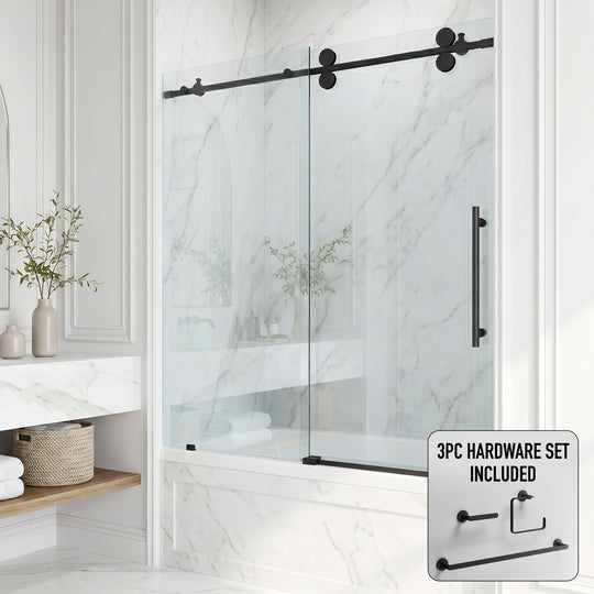 Elan 56-60 in. W x 66 in. H Frameless Sliding Tub Door in Matte Black with 3/8 in. (10mm) Clear Glass and Arden 3-Piece Bath Hardware Set