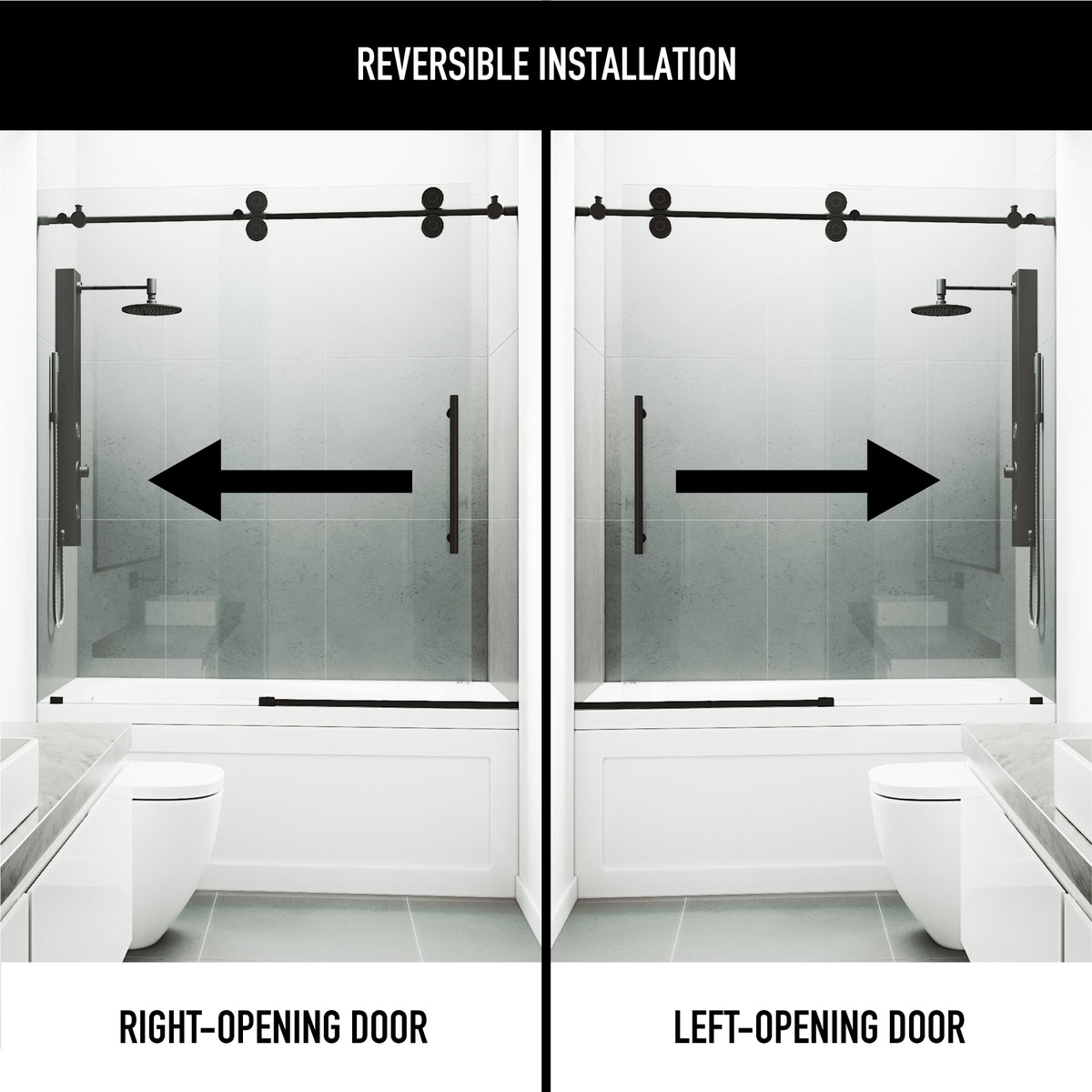 Elan 56-60 in. W x 66 in. H Frameless Sliding Tub Door in Matte Black with 3/8 in. (10mm) Clear Glass and Arden 3-Piece Bath Hardware Set