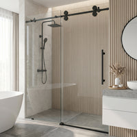 Elan 56 to 60 in. W X 74 in. H Frameless Sliding Shower Door 3/8" Clear Glass in Matte Black with Elan 4 in. Square Shower Drain in Matte Black