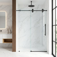 Elan 56 to 60 in. W X 74 in. H Frameless Sliding Shower Door 3/8" Clear Glass in Matte Black with Elan 4 in. Square Shower Drain in Matte Black