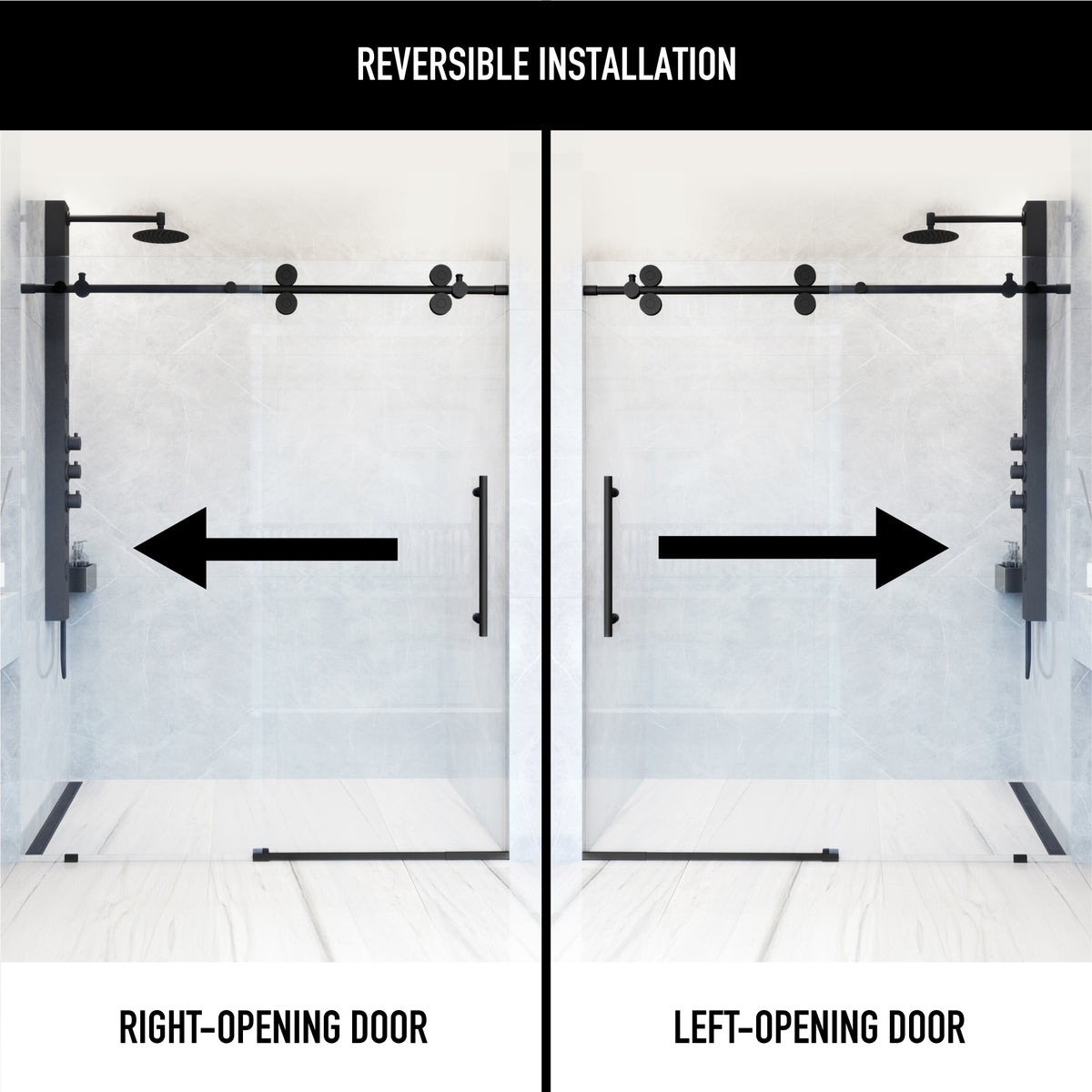 Elan 56 to 60 in. W X 74 in. H Frameless Sliding Shower Door 3/8" Clear Glass in Matte Black with Elan 4 in. Square Shower Drain in Matte Black
