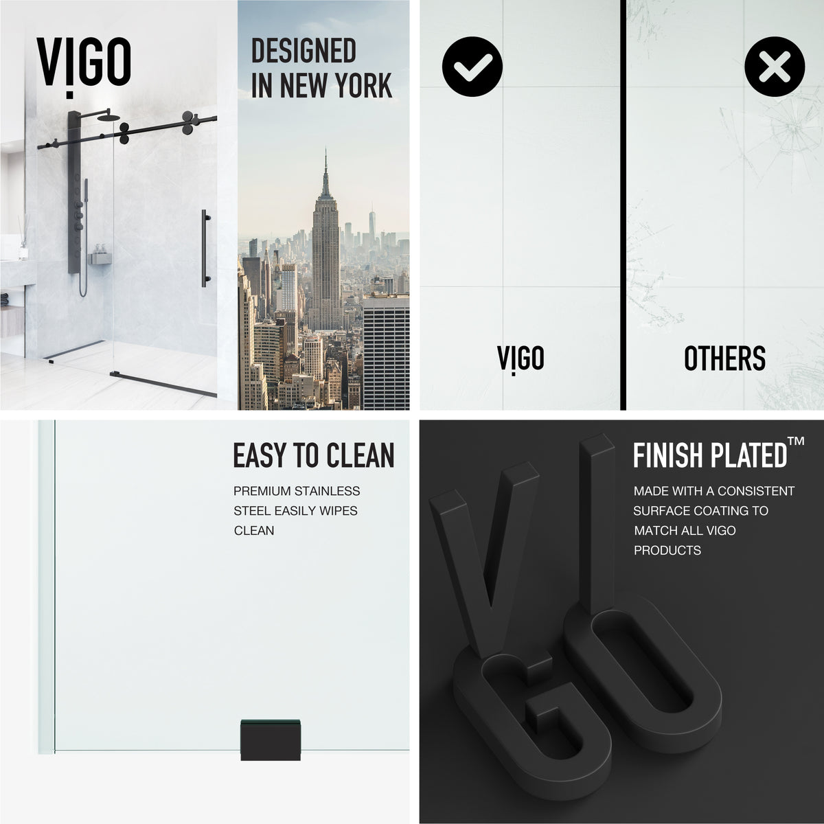 Elan 56 to 60 in. W X 74 in. H Frameless Sliding Shower Door 3/8" Clear Glass in Matte Black with Elan 4 in. Square Shower Drain in Matte Black