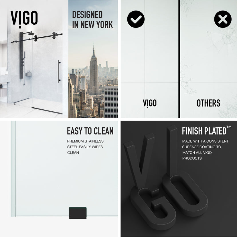 Elan 56 to 60 in. W X 74 in. H Frameless Sliding Shower Door 3/8" Clear Glass in Matte Black with Elan 4 in. Square Shower Drain in Matte Black