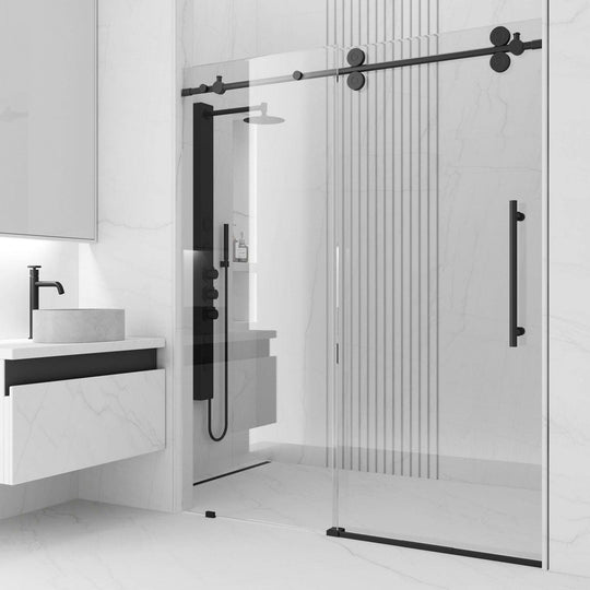 Matte black frameless sliding shower door with clear tempered glass, 56 to 60 in. width