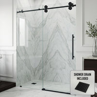 Elan 56 to 60 in. W X 74 in. H Frameless Sliding Shower Door 3/8" Clear Glass in Matte Black with Elan 4 in. Square Shower Drain in Matte Black