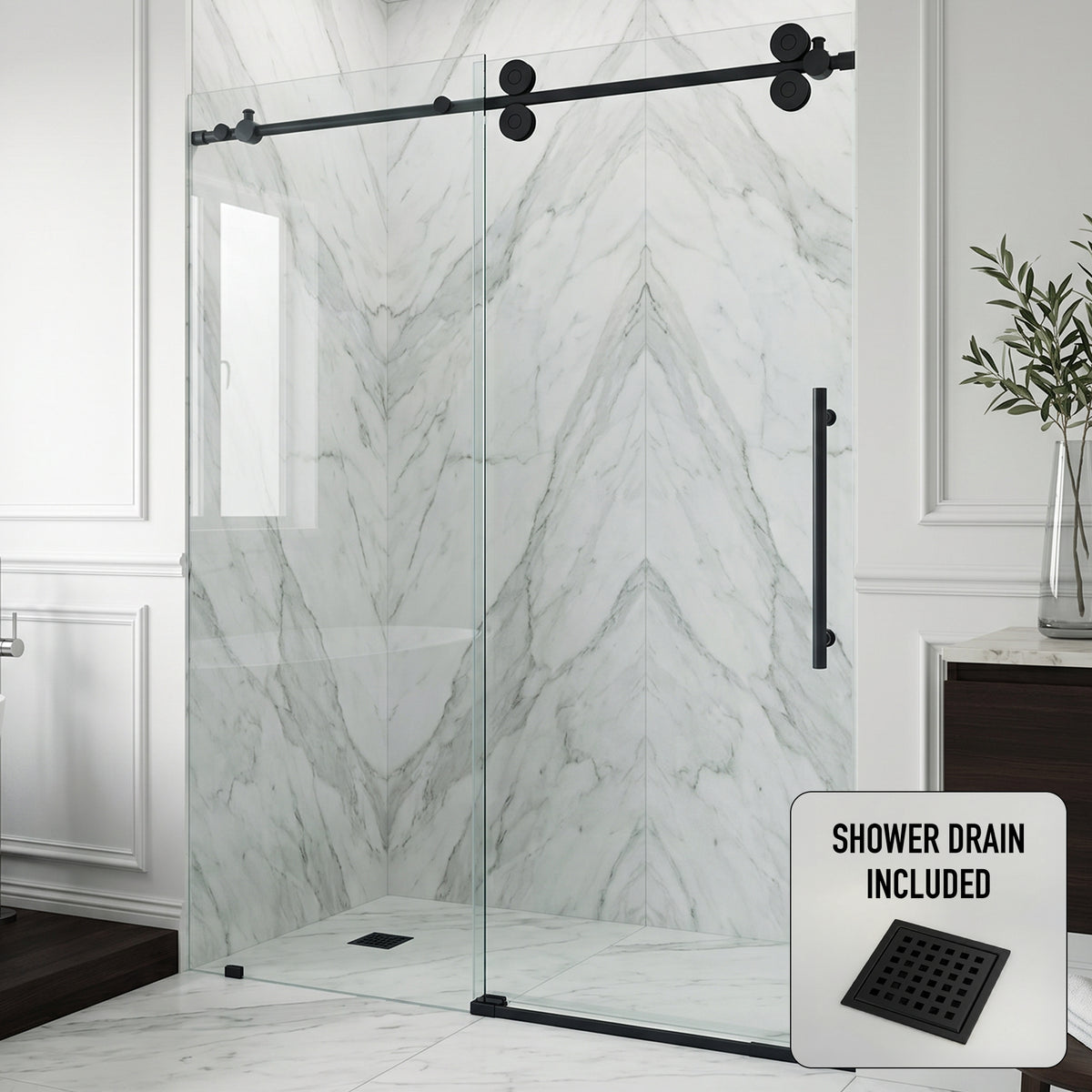 Elan 56 to 60 in. W X 74 in. H Frameless Sliding Shower Door 3/8" Clear Glass in Matte Black with Elan 4 in. Square Shower Drain in Matte Black