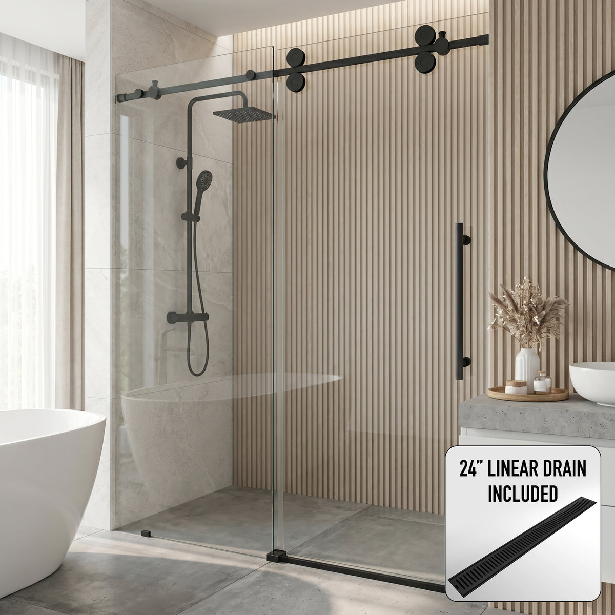 Elan 56 to 60 in. W x 74 in. H Frameless Sliding Shower Door and Elan 24 in. Linear Shower Drain in Matte Black