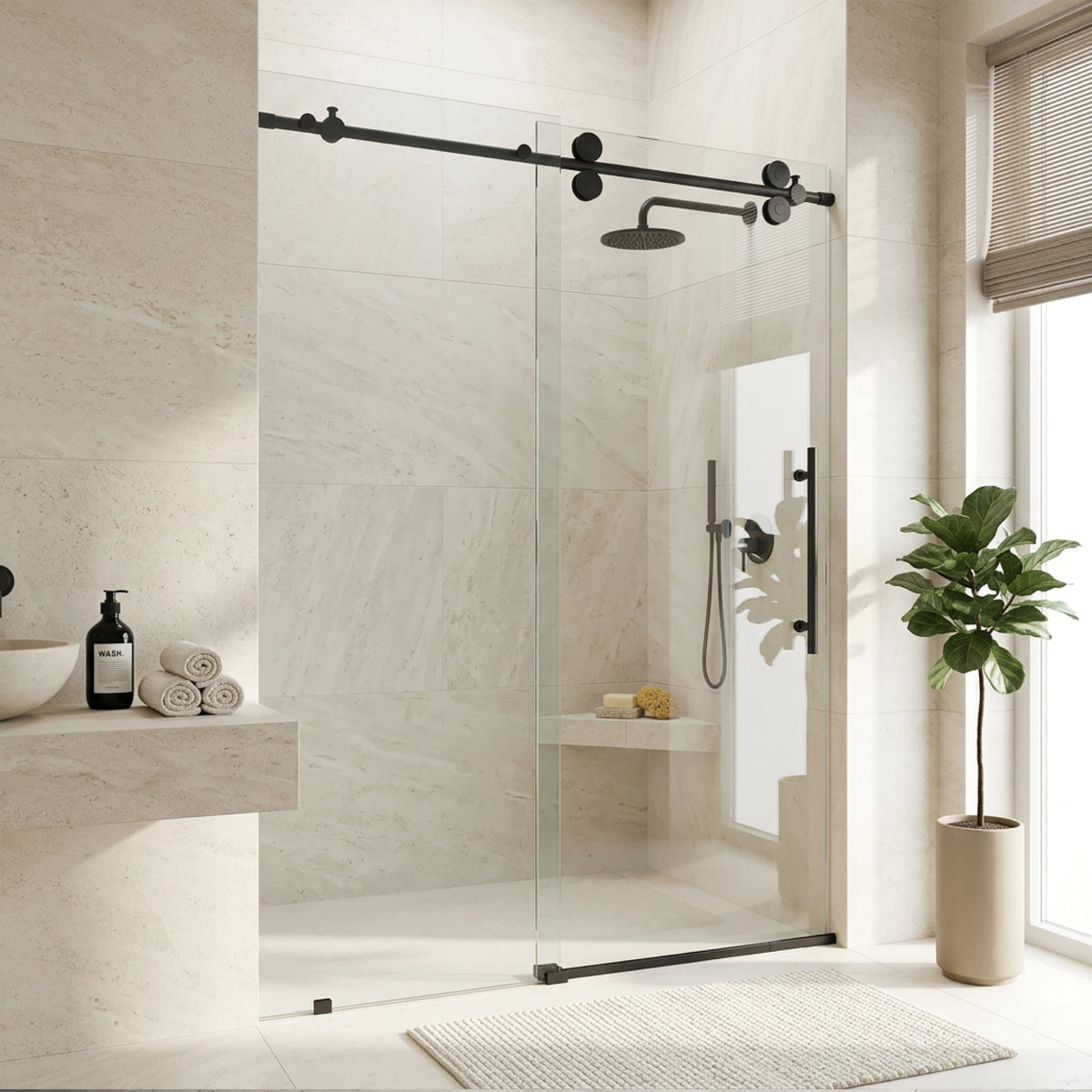 Elan 56 to 60 in. W x 74 in. H Frameless Sliding Shower Door and Elan 24 in. Linear Shower Drain in Matte Black