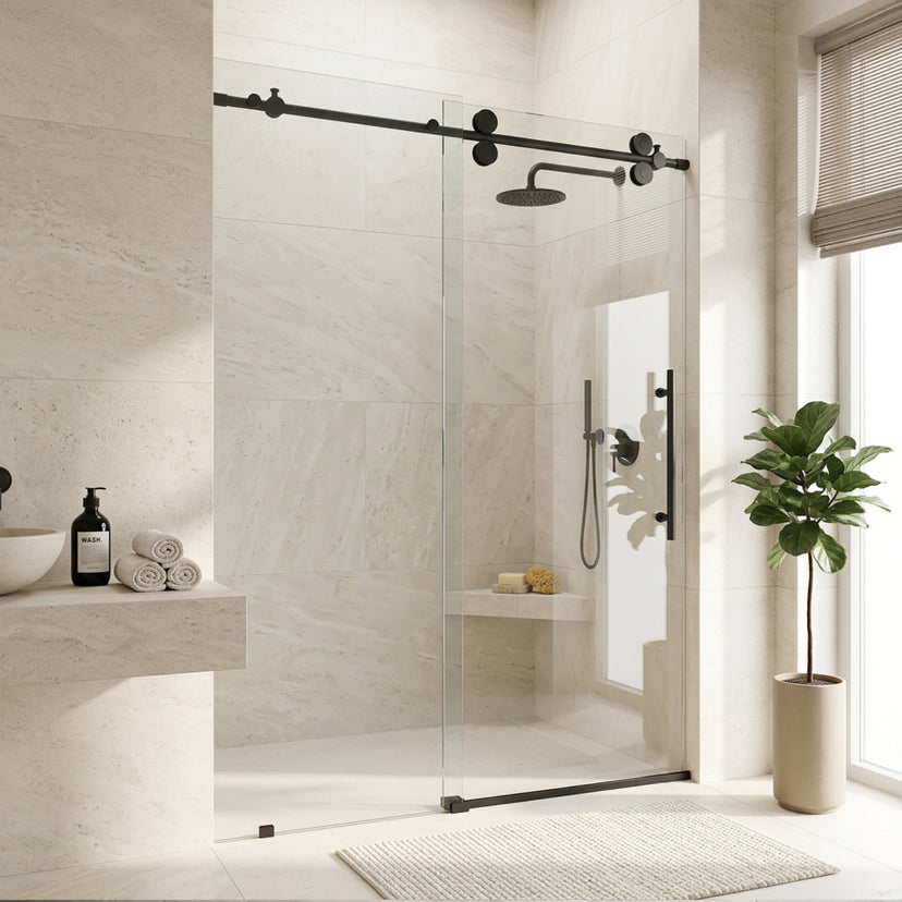 Elan 56 to 60 in. W x 74 in. H Frameless Sliding Shower Door and Elan 24 in. Linear Shower Drain in Matte Black