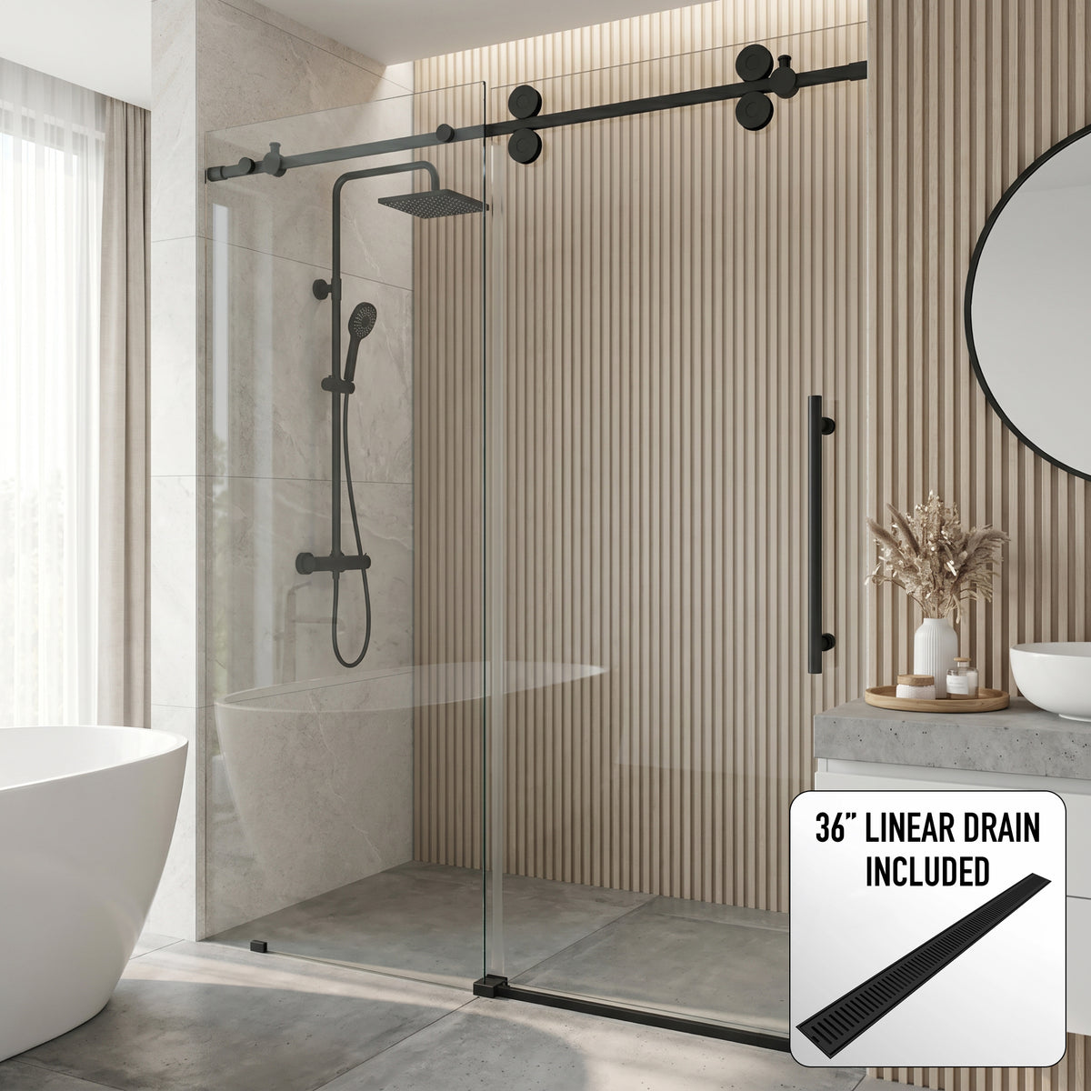 Elan 56-60 in. W x 74 in. H Frameless Sliding Shower Door in Matte Black with 3/8 in. (10mm) Clear Glass and Elan 36 in. Linear Shower Drain