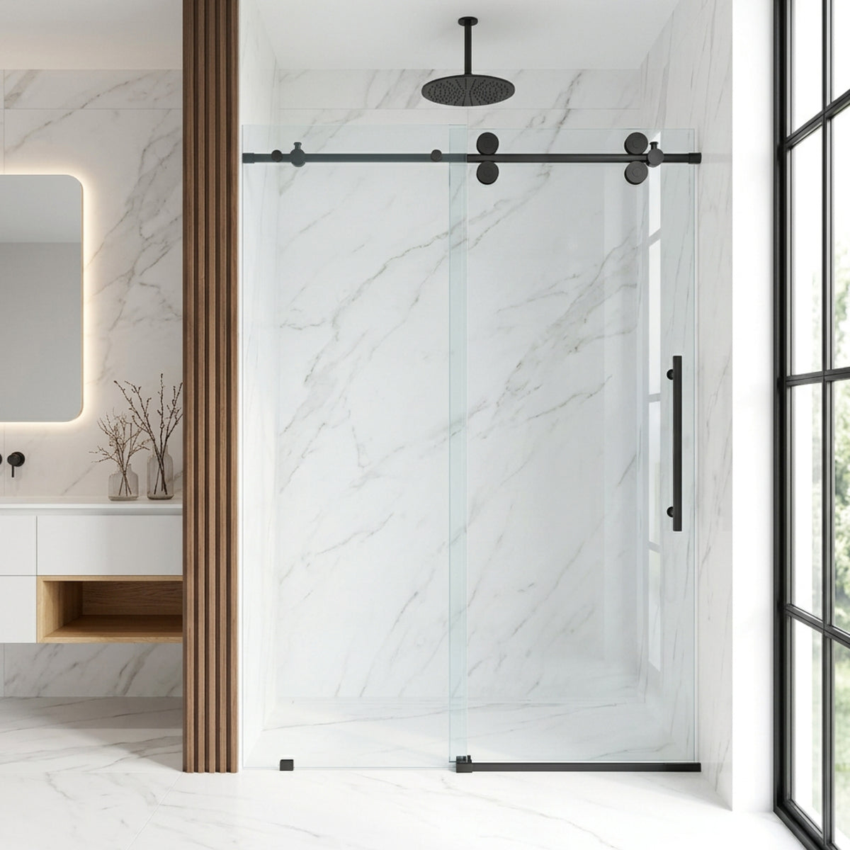 Elan 56-60 in. W x 74 in. H Frameless Sliding Shower Door in Matte Black with 3/8 in. (10mm) Clear Glass and Elan 36 in. Linear Shower Drain