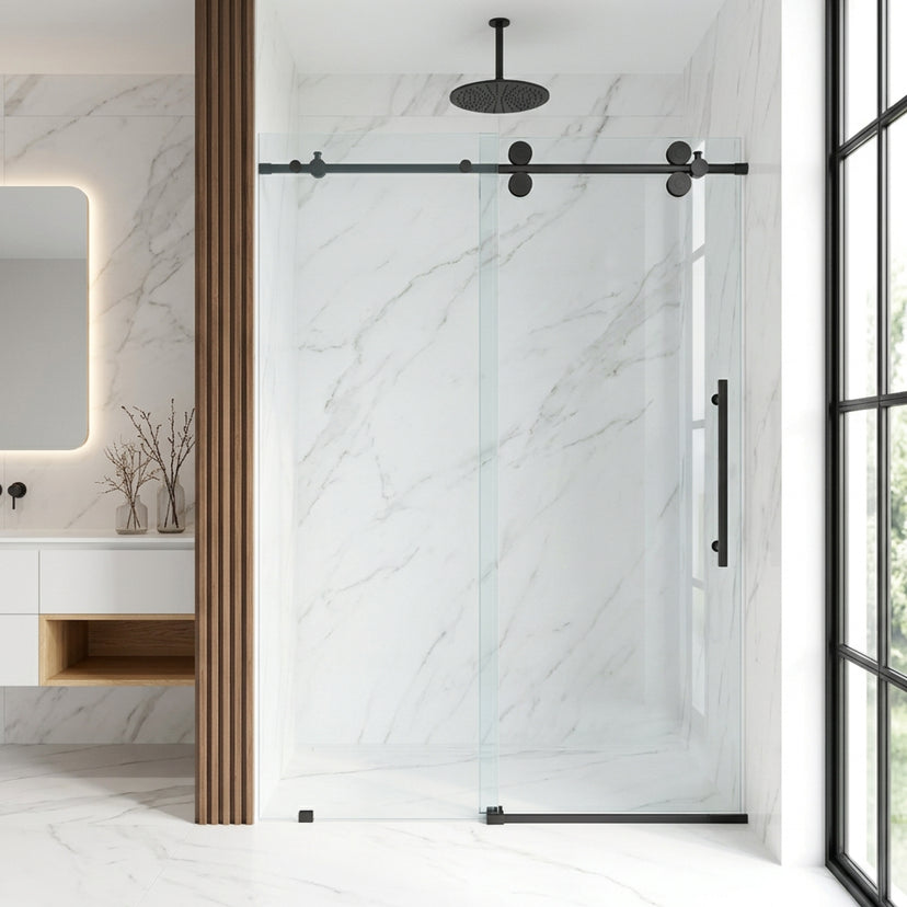 Elan 56-60 in. W x 74 in. H Frameless Sliding Shower Door in Matte Black with 3/8 in. (10mm) Clear Glass and Elan 36 in. Linear Shower Drain