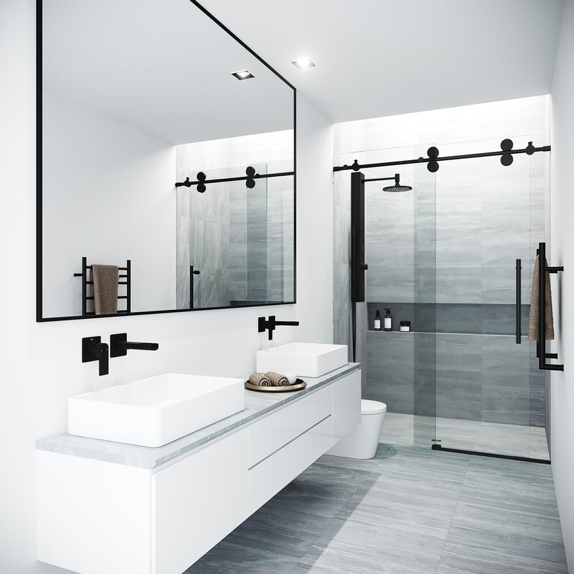 Elan 60 to 64 in. W x 74 in. H Frameless Sliding Shower Door and Elan 24 in. Linear Shower Drain in Matte Black